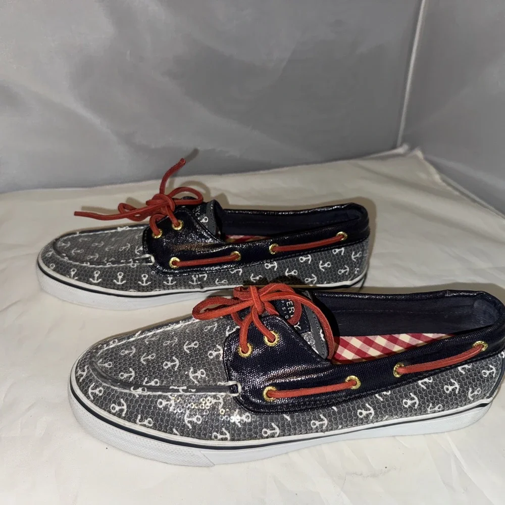 Sz 10M Sperry Top-Sider Leather Boat‎ Shoes 9688771 Navy Clear Sequin EUC